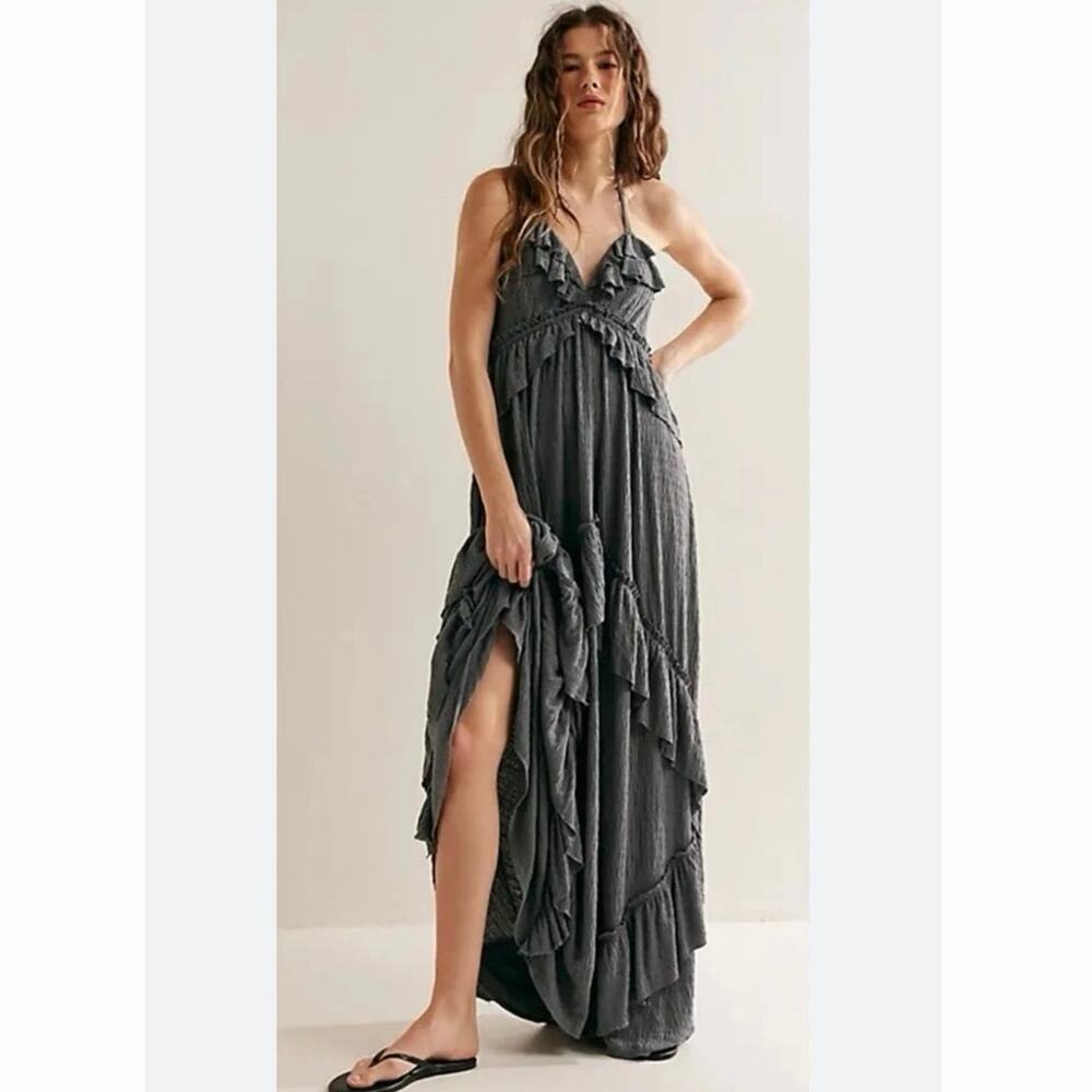 Free People Beach Santa Luz Ruffle Maxi Dress Gray Boho Open Back XS - Picture 1 of 11